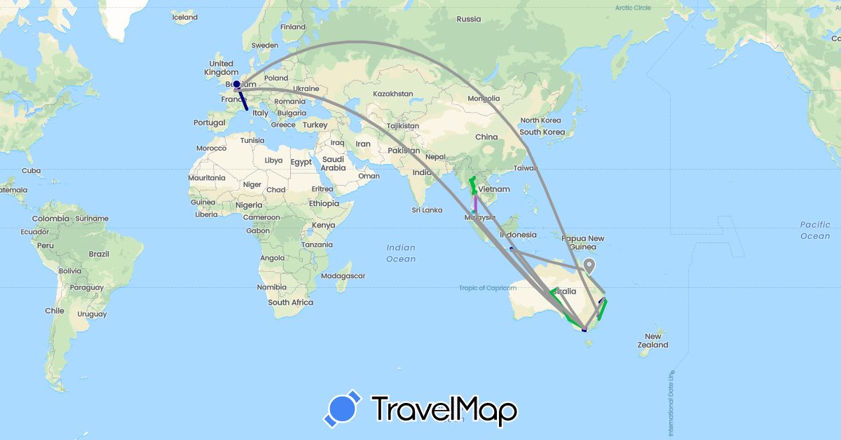 TravelMap itinerary: driving, bus, plane, train, hiking, boat in Australia, China, France, Indonesia, Thailand (Asia, Europe, Oceania)